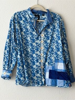 Upcycled, Distressed Blue Floral Patchwork Shirt